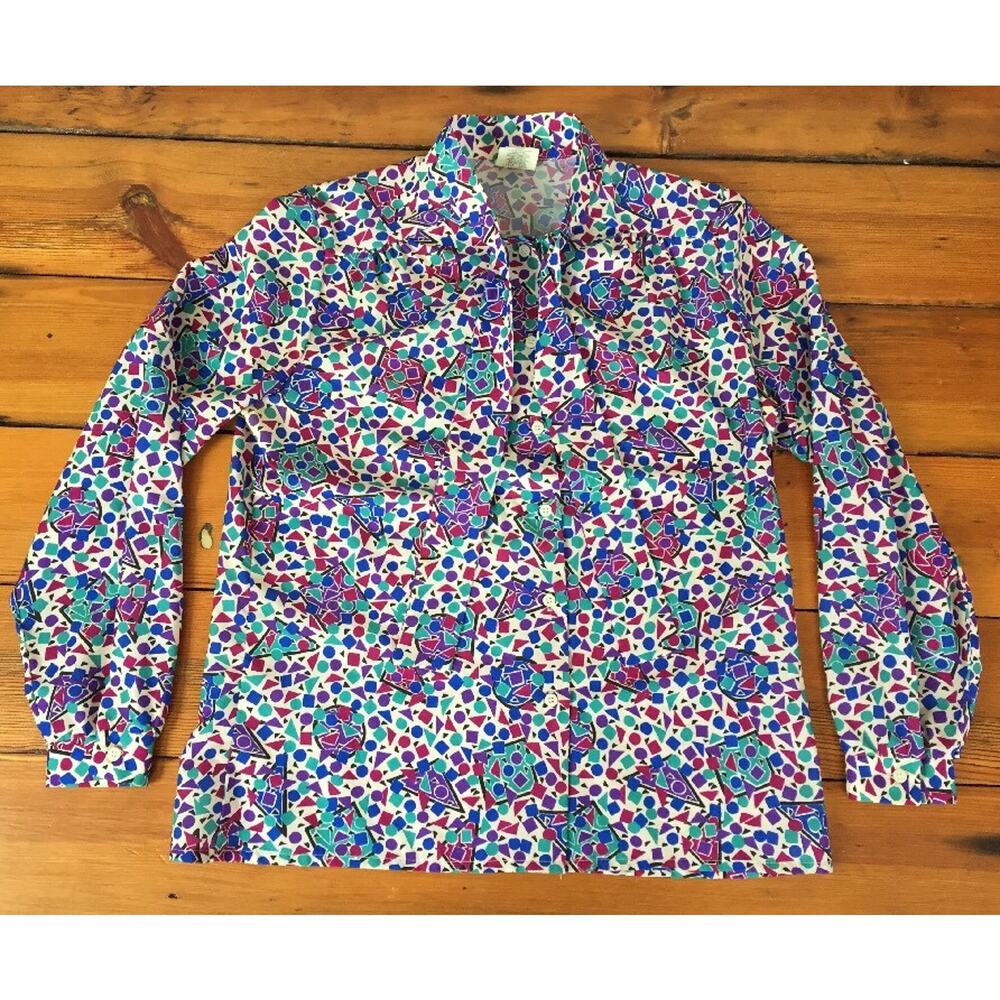 Vtg 80s Vibrant Geometric Bow Neck Ascot Secretary Womens Shirt L 43" Chest